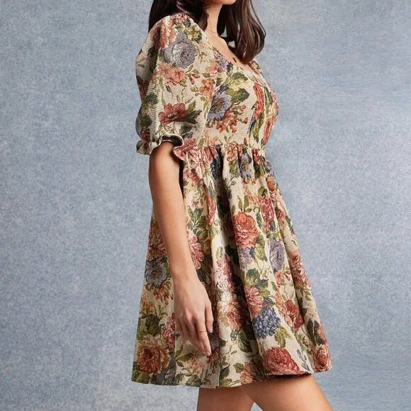 Multicolor Boho Women's Floral Jacquard Mini Dress - Picture 4 of 5